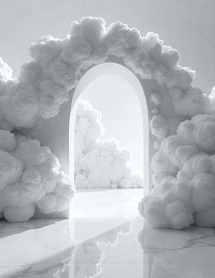 The primary subject of the image is a large white cloud, which is the main object, scene, or focus of the image. The setting is a white room with a marble floor, and the visual style is a digital art or illustration. The dominant colors are white and gray, creating a clean and minimalist atmosphere.